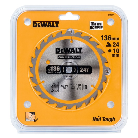 DEWALT DT1947 circular saw blade, 136mm diameter, 24 teeth, for construction, in orange packaging.