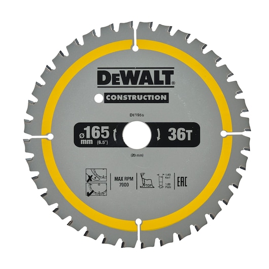A DEWALT DT1950 construction circular saw blade with a diameter of 165 mm (6.5 inches) and 36 teeth. The blade is silver with a yellow ring and features various technical specifications and icons printed on its surface.