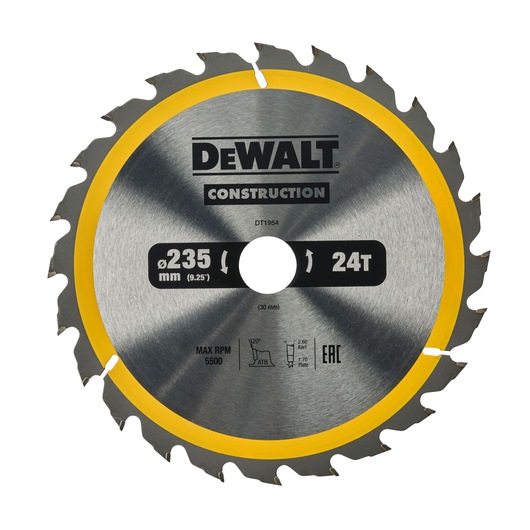 A DEWALT branded circular saw blade, model DT1954, designed for construction use. The blade has a diameter of 235 mm (9.25 inches), features 24 teeth, and is silver with a yellow rim. Specifications and safety information are printed on the blade.