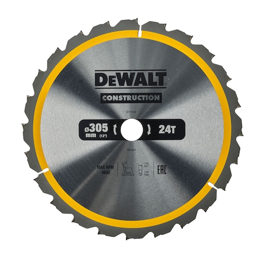 DEWALT DT1958 circular saw blade, 305mm diameter, 24 teeth, silver with yellow edge for construction use.