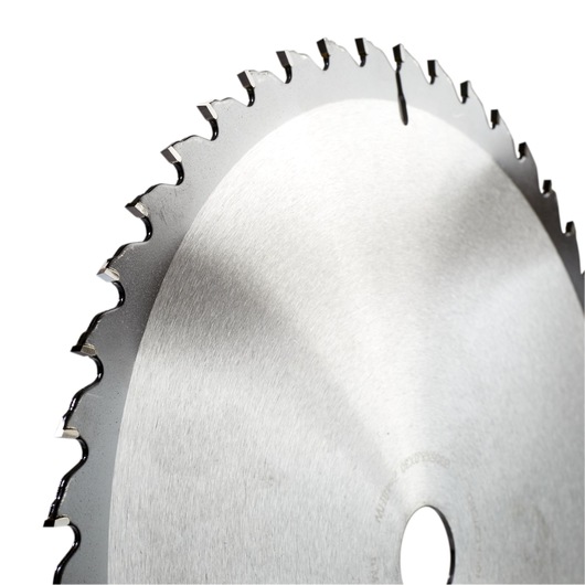Close-up of a DEWALT circular saw blade with metal teeth, shown against a white background.