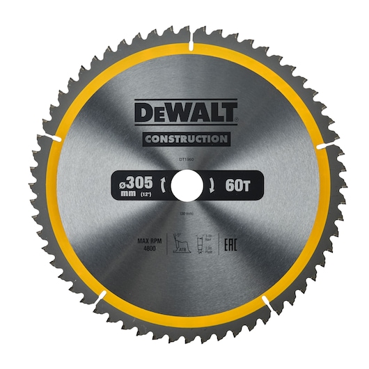 A DEWALT DT1960 construction circular saw blade with 305mm (12 inch) diameter and 60 teeth, featuring a silver finish with yellow accents and product specifications printed on the surface.
