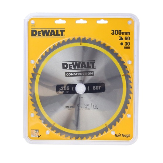 DEWALT DT1960 circular saw blade for construction, 305mm diameter with 60 teeth and 30mm bore, packaged in a yellow and clear plastic case.