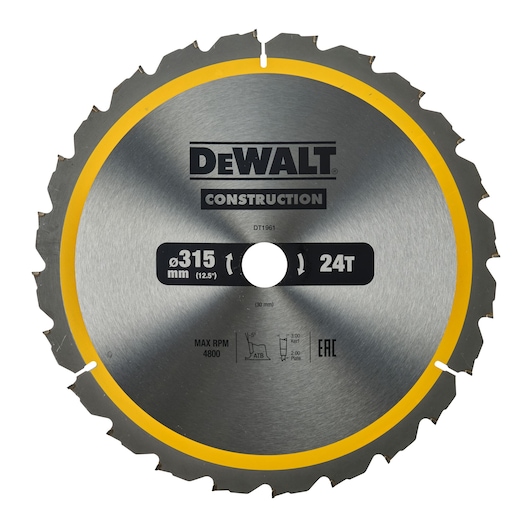 DEWALT DT1961 315mm 24-tooth circular saw blade for construction, silver with yellow edge.