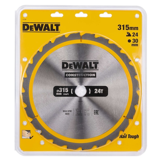 DEWALT DT1961 circular saw blade, 315mm diameter, 24 teeth, for construction, in yellow packaging.