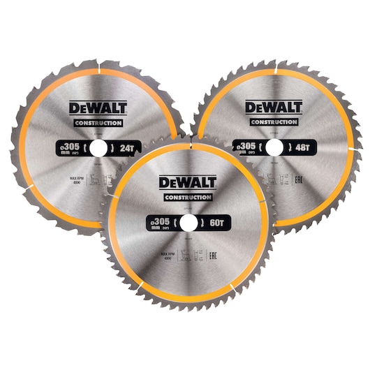 Three DEWALT Construction circular saw blades are displayed, each with a metallic finish, toothed edges, and labeled with different tooth counts: 24T, 48T, and 60T. All blades are marked with a diameter of 305 mm and branding information.