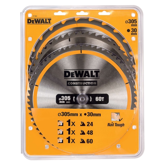 Pack of three DEWALT construction circular saw blades (SKU DT1964), each 305 mm in diameter and 30 mm bore, with 24, 48, and 60 teeth configurations. Blades are presented in clear plastic packaging with yellow and black branding, suitable for tough nail cutting applications.