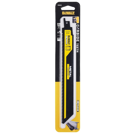 DEWALT DT20435 carbide metal saw blade for extreme cutting, packaged in black and yellow blister pack.