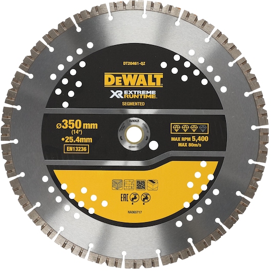 DEWALT segmented diamond cutting blade, model DT20461, XR Extreme Runtime, 350 mm diameter, 25.4 mm bore, for masonry and construction materials.