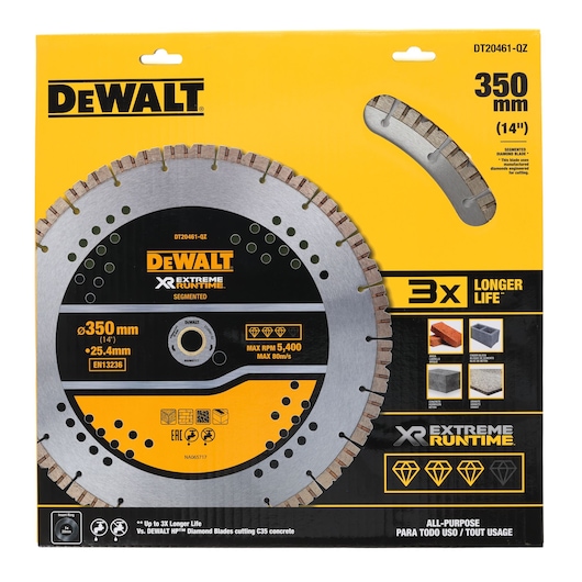 DEWALT DT20461 segmented diamond blade for cutting, shown in its yellow and black packaging. The blade has a diameter of 350 mm (14 inches) and is labeled XR Extreme Runtime, promising up to 3 times longer life. The packaging displays supported materials including concrete, brick, and stone.