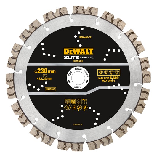 DEWALT Elite Series segmented circular saw blade, model DT20462, with a diameter of 230 mm and a 22.23 mm arbor hole. The black and silver blade displays technical specifications including a maximum speed of 6,600 RPM and 80 meters per second, and is suitable for cutting masonry materials.