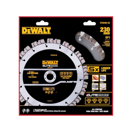 Packaging of a DEWALT segmented diamond blade from the Elite Series, model DT20462, 230mm (9 inches) diameter with a 22.23mm arbor hole. The package highlights its 5x longer life compared to standard blades, usage for all-purpose cutting, and suitability for materials like bricks, concrete, and masonry. DEWALT branding is prominent.