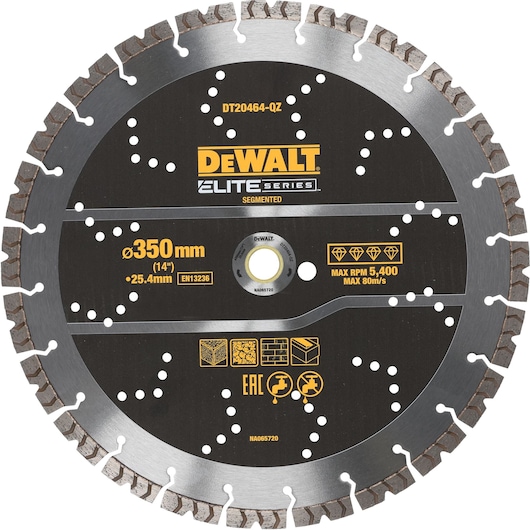 A DEWALT Elite Series segmented circular saw blade, model DT20464-QZ, with a diameter of 350 mm (14 inches) and a 25.4 mm arbor hole, designed for cutting materials such as concrete, stone, and bricks. The blade is black with silver edges and has safety and usage icons on the front.