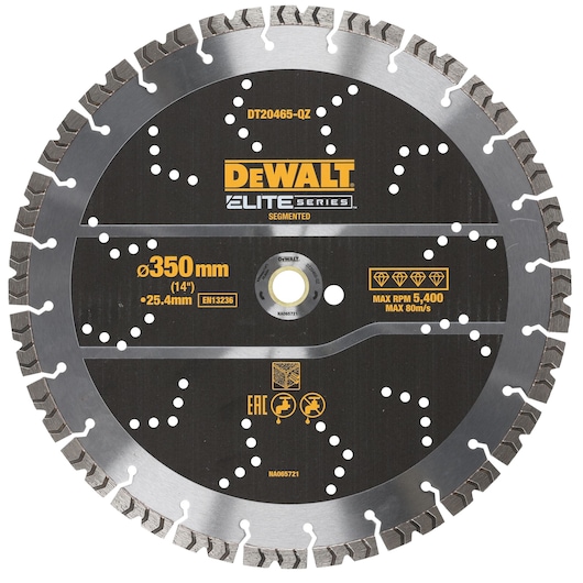 A segmented DEWALT Elite Series circular saw blade, model DT20465-QZ, with a diameter of 350 mm (14 inches) and 25.4 mm arbor. The blade is black with silver segments and has white and yellow markings, including specifications, safety icons, and the DEWALT logo.