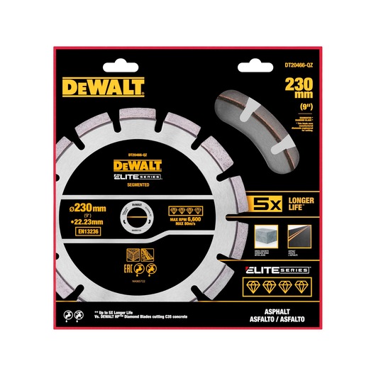 Packaged DEWALT Elite Series segmented diamond blade, model DT20466, 230 mm diameter, designed for cutting asphalt. The packaging highlights features such as 5x longer life, maximum RPM of 6,600, and compatibility with a 22.23 mm arbor.