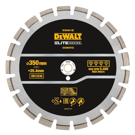 DEWALT Elite Series segmented circular saw blade, model DT20467-QZ, with a diameter of 350mm (14 inches) and a 25.4mm arbor, designed for cutting materials like concrete, masonry, and stone. The blade is black with silver segments and yellow labeling, displaying specifications and safety icons.