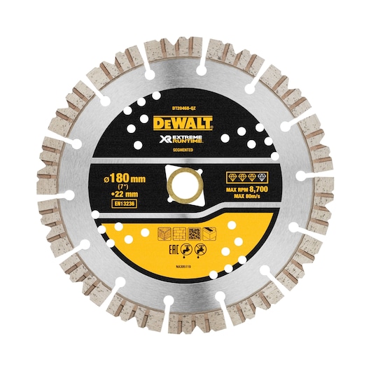 A DEWALT segmented diamond saw blade, model DT20468, with 180 mm diameter and 22 mm bore. The blade is silver with a black and yellow label displaying brand and product information, including recommended materials and safety icons.