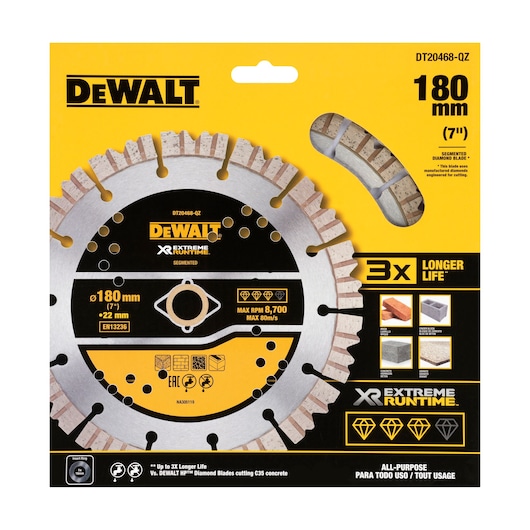 Packaging of a DEWALT DT20468 segmented diamond blade, 180mm (7 inches), suitable for all-purpose cutting including bricks, blocks, and concrete. Features include up to 3 times longer life and maximum RPM of 8,700. The blade is part of DEWALT XR Extreme Runtime series.
