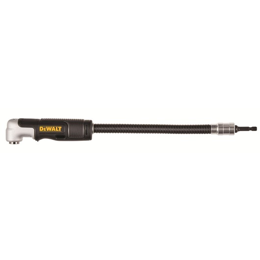 A DEWALT branded right angle flexible shaft screwdriver attachment, featuring a long black flexible shaft and a metal bit holder on the end.