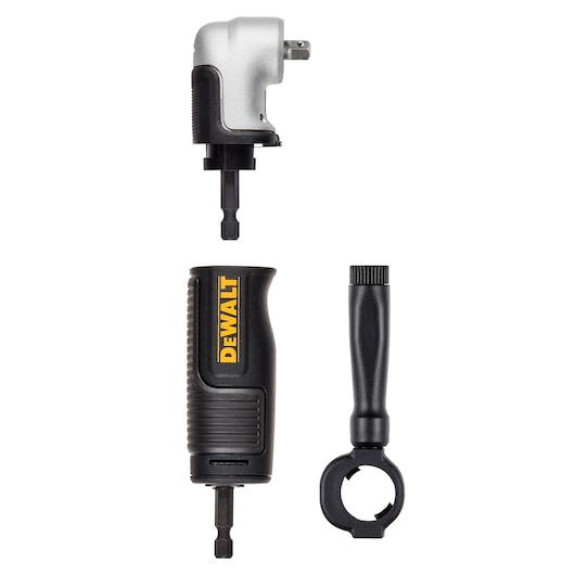 Three DEWALT tool accessories arranged vertically: a right angle drill attachment, a black and yellow handle with DEWALT logo, and a black auxiliary handle.
