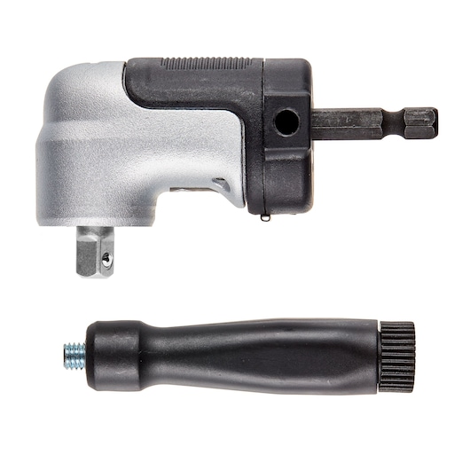 A DEWALT right angle drill attachment with a detachable black handle, shown on a white background.