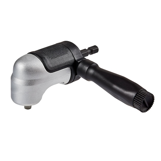 A DEWALT right angle drill attachment with a black handle and silver metallic head, designed for use in tight spaces.