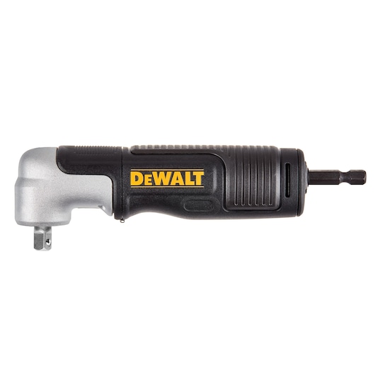 A DEWALT branded right angle drill attachment with a black and silver design. The tool features a hex shank on one end and a right-angled socket on the other, used for accessing hard-to-reach areas during drilling or fastening tasks.