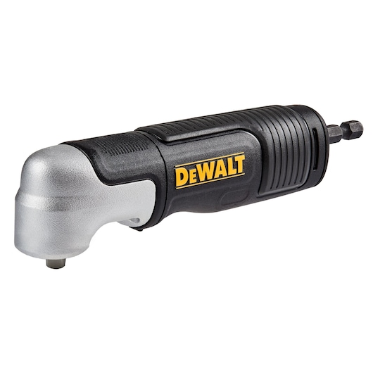 A DEWALT right angle drill attachment with a black and silver design. The tool features a compact and ergonomic body, suitable for accessing tight spaces.