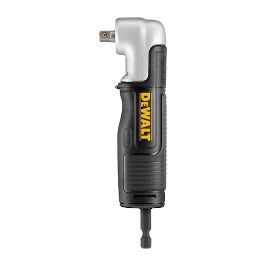 A DEWALT right angle drill attachment with a black and silver body, featuring a yellow DEWALT logo. The tool is designed for use with drill bits and provides access to tight spaces.