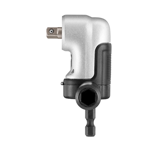 DEWALT right angle drill attachment with a silver and black finish, designed for use with power tools to reach tight spaces.