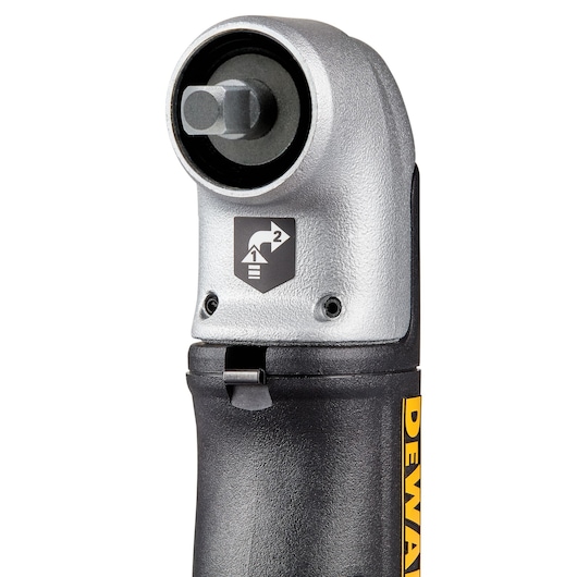 Close-up of a DEWALT DT20504 right angle drill attachment with a metal head, black body, and DEWALT branding. The attachment features a square drive and an icon indicating two adjustable positions.