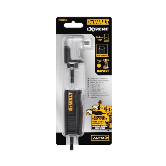 Dewalt Extreme right angle drive attachment in retail packaging, designed for 6.4mm (1/4 inch) sockets, suitable for impact tools, featuring modular system compatibility for versatile use in tight spaces.