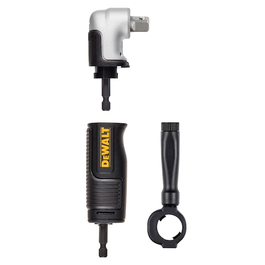 Three-piece DEWALT right angle drill attachment set, including a right angle adapter, a handle, and a grip accessory, shown against a white background.