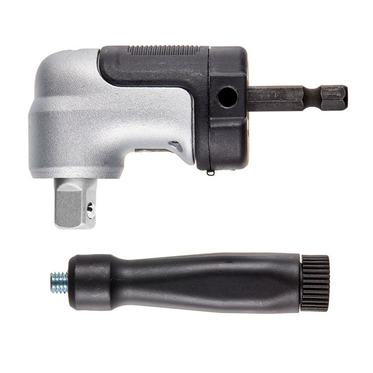 A DEWALT DT20505 right angle drill attachment with a detachable black handle, both shown isolated on a white background.