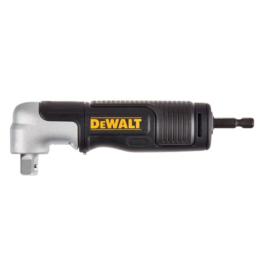 A DEWALT branded right-angle drill attachment with a black and silver finish, designed to allow drilling or driving in tight spaces. The DT20505 model name is not visible in the image.