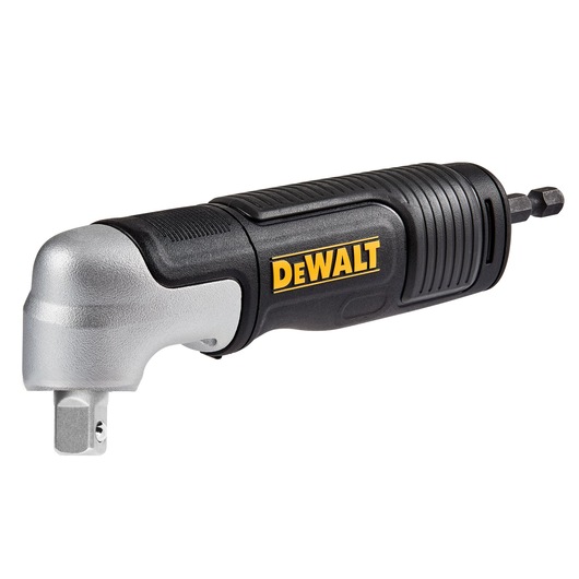 A DEWALT right angle attachment tool with a black and silver design, featuring a hex shank and socket adapter, used for accessing hard-to-reach areas in fastening or drilling tasks.