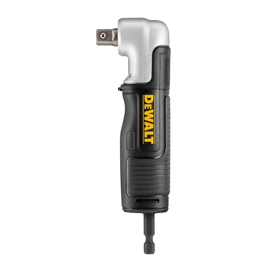 A DEWALT right angle drill attachment with a black and silver body, designed for tight spaces and featuring a hex shank for drill or driver compatibility.