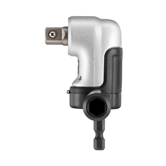 A DEWALT right angle drill attachment tool with a silver and black design, featuring a hex shaft for connecting to drills and a socket connector for driving fasteners, shown against a white background.