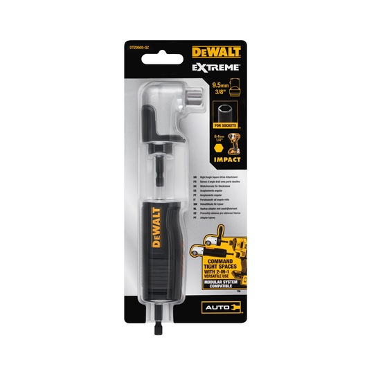 DEWALT DT20505 Extreme right angle drive adapter in its retail packaging. The adapter is black and silver, labeled for impact use and compatible with 3/8 inch (9.5mm) sockets and 1/4 inch (6.4mm) hex shanks, designed for tight spaces.