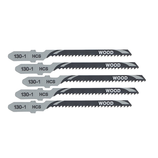 Set of five DEWALT jigsaw blades for wood, labeled 130-1 HCS. Silver and black, arranged parallel.