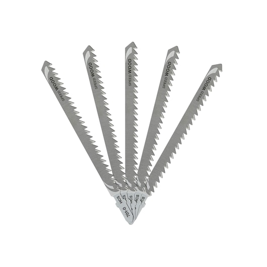 Five DEWALT jigsaw blades for wood cutting, arranged in a fan pattern, showing teeth and product markings.