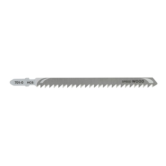 A single DEWALT jigsaw blade for wood cutting, showing sharp, angled teeth along the blade, with 'SPEED WOOD' and '701-0 HCS' markings visible.