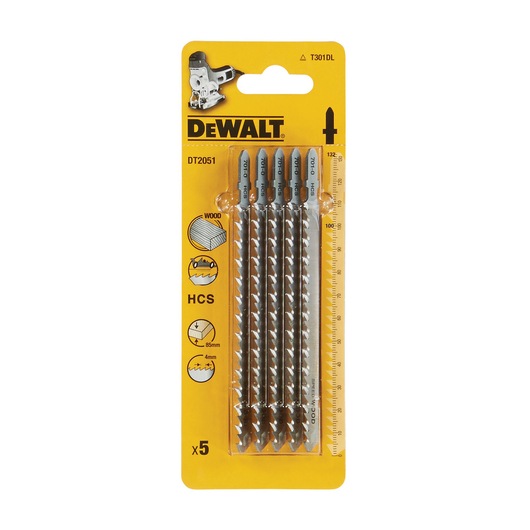 Pack of five DEWALT DT2051 jigsaw blades for wood, shown in yellow packaging. The blades are labeled T301DL HCS and have specifications indicating they are 85mm long and suitable for cutting up to 4mm thick wood.