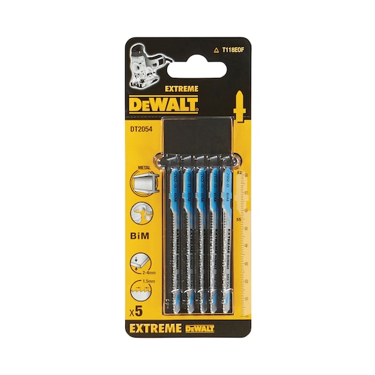 Pack of 5 DEWALT Extreme DT2054 jigsaw blades for metal, visible in yellow and black packaging with product information and illustrations showing compatibility with metal, Bi-M material and thickness details.