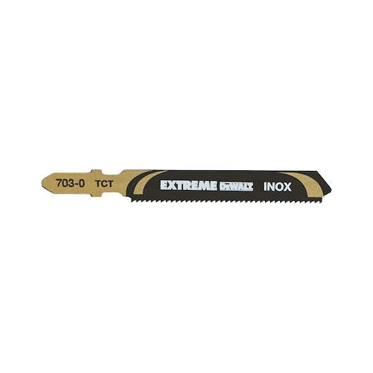 DEWALT DT2055 jigsaw blade for metal, black and gold with EXTREME INOX text, serrated cutting edge.