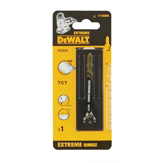 DEWALT Extreme DT2055 T118EHM jigsaw blade packaging, showing a single blade for cutting stainless steel (INOX), suitable for thicknesses of 1.5-5mm and 1-4mm, in yellow and black branded blister pack.