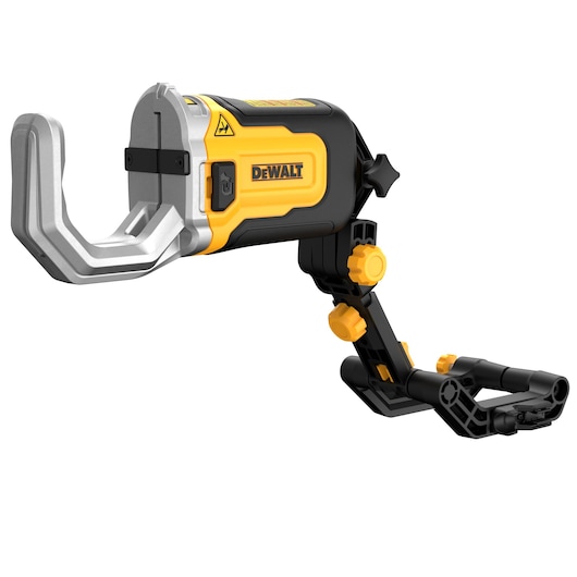 A DEWALT DT20560 photography accessory, featuring a yellow and black adjustable mounting arm and a large metallic clamp, designed for securely holding objects during photographic tasks.