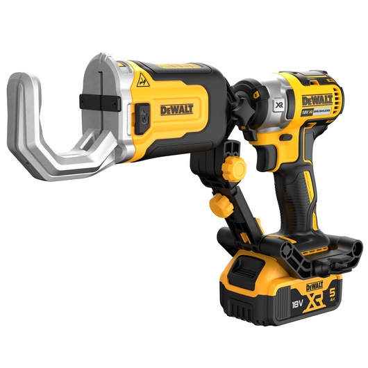 A DEWALT DT20560 cordless power tool featuring a large metal jaw and ergonomic handle, designed for professional use. The tool is yellow and black, labeled with DEWALT branding and an 18V XR battery pack.