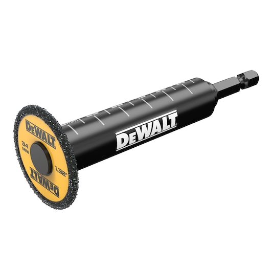 A DEWALT branded rotary cutting tool with a black handle, marked for measurement, and a circular abrasive cutting disc labeled 34 mm. The tool is designed for precise cutting tasks.