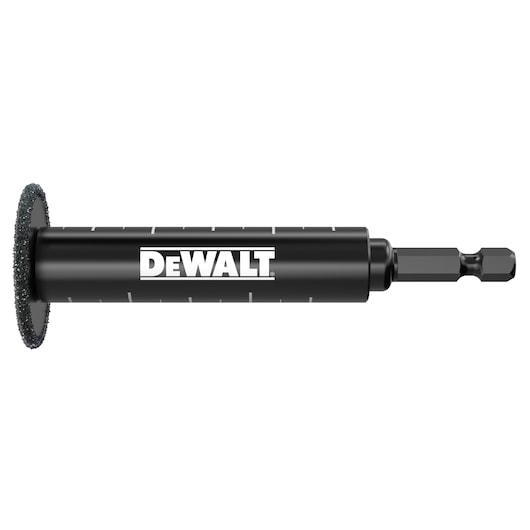A DEWALT-branded black cutting tool with a cylindrical body, a grit-coated cutting disc at one end, and a hex shank at the other end.